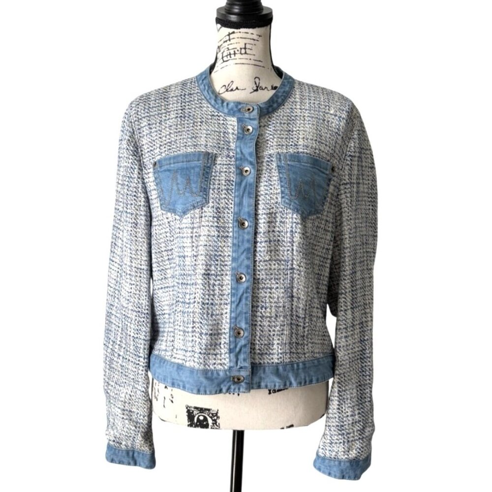 Marc Cain Womens Tweed and Denim Blazer Jacket Button-Up Blue Size 6